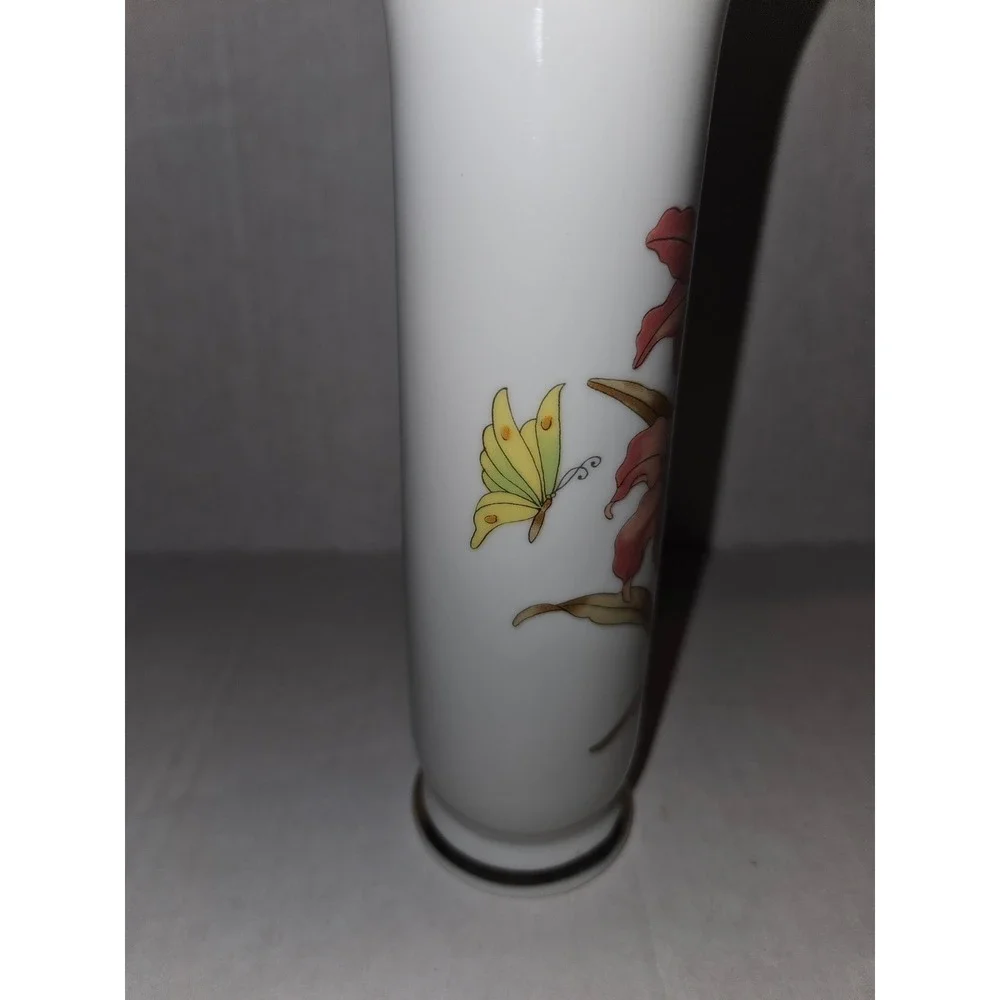 Floral Butterfly Vase White‎ Porcelain Gold Trim Accent Decor 7